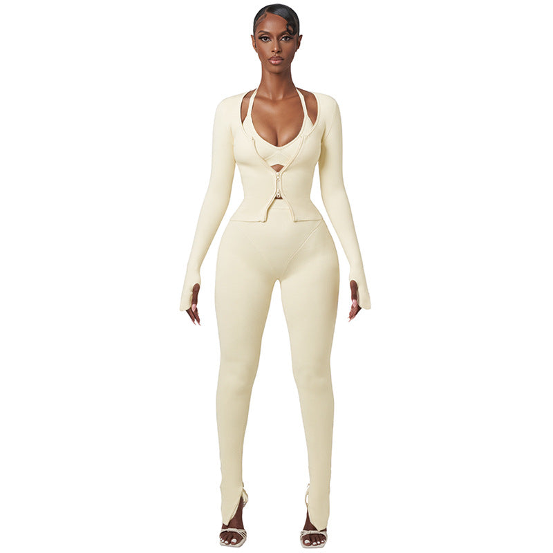 Cardigan Double Open Long-sleeve Zipper Top And Trousers Casual Suit