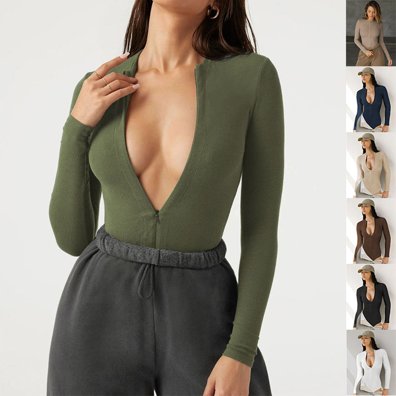 Long Sleeve Zipper Jumpsuit Fashion V-Neck Slim Fit Knitted Corset Body Shaper Clothing For Dress Sports Yoga Romper