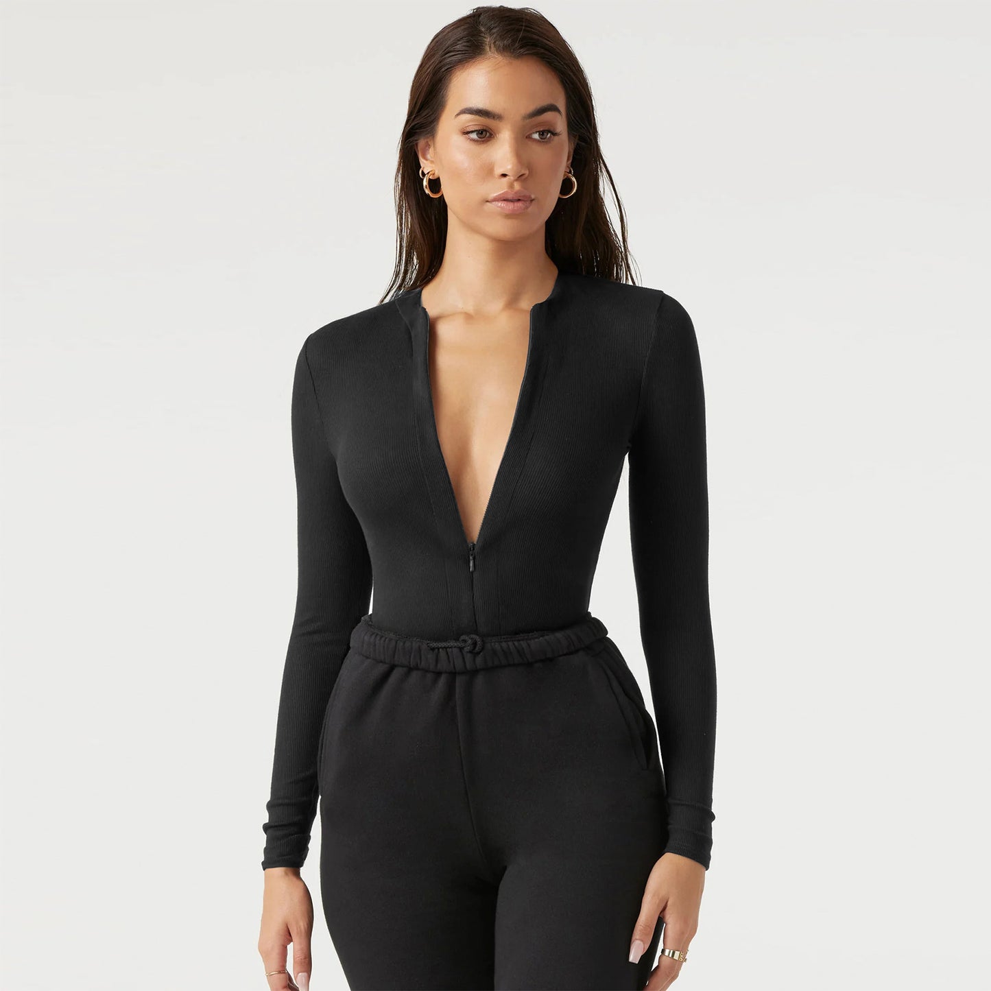 Long Sleeve Zipper Jumpsuit Fashion V-Neck Slim Fit Knitted Corset Body Shaper Clothing For Dress Sports Yoga Romper