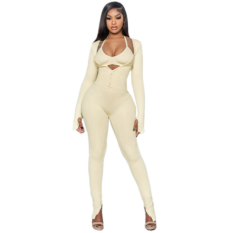 Cardigan Double Open Long-sleeve Zipper Top And Trousers Casual Suit